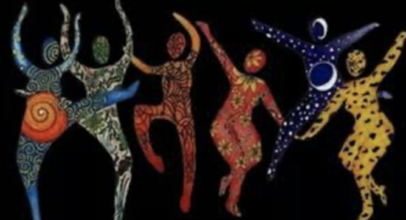 Patterned dancer silhouettes if figures dancing on a black background