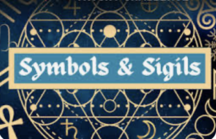 the words symbols and sigils in white on a patterned background